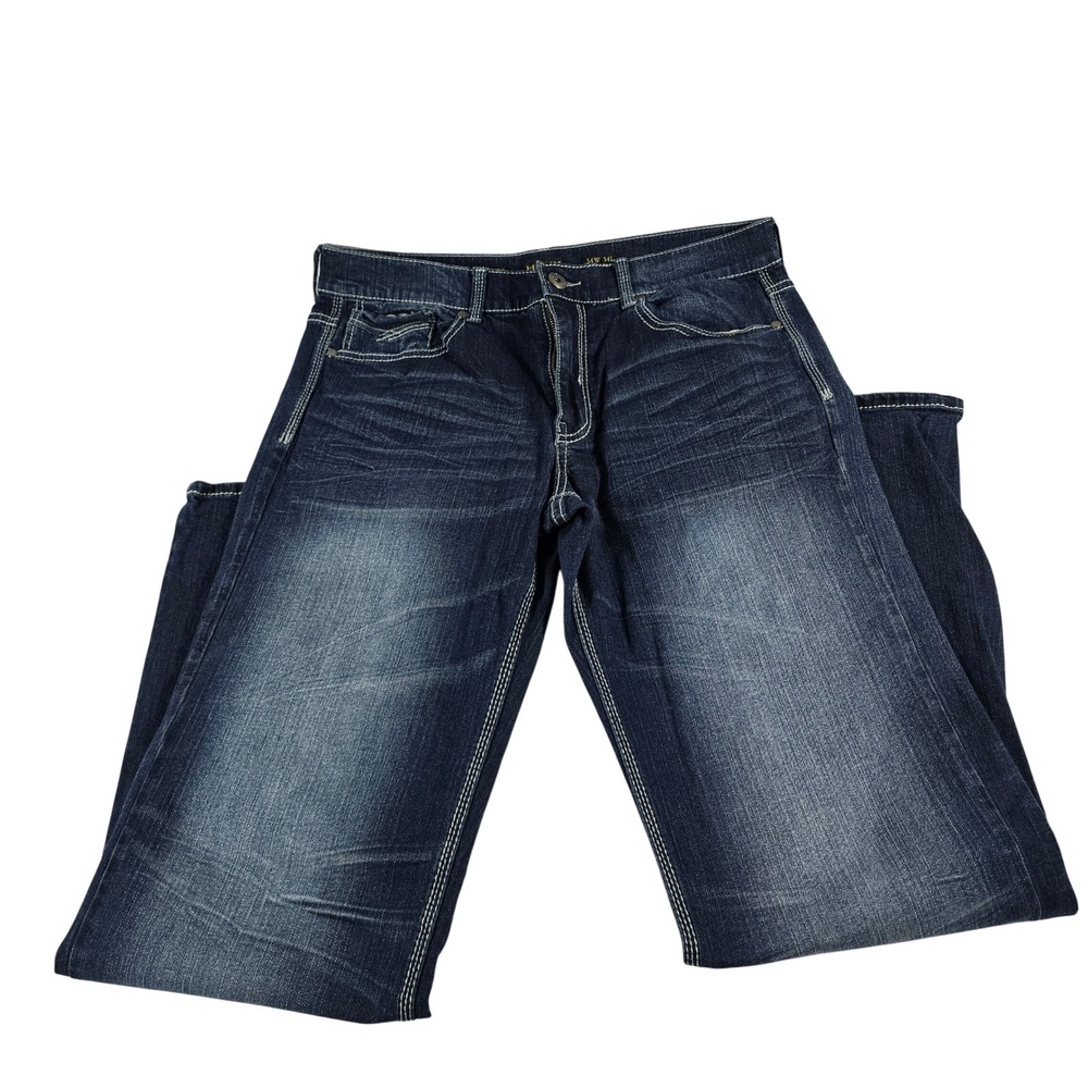 Helix Mens Loose Straight Leg Jeans Dark Wash Contrast Stitch 34x34 RN73277